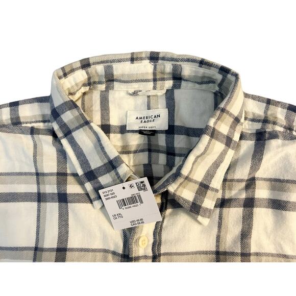 American Eagle Super Soft Creme Plaid Button-Down Shirt Mens Size XXL NWT - Picture 2 of 7